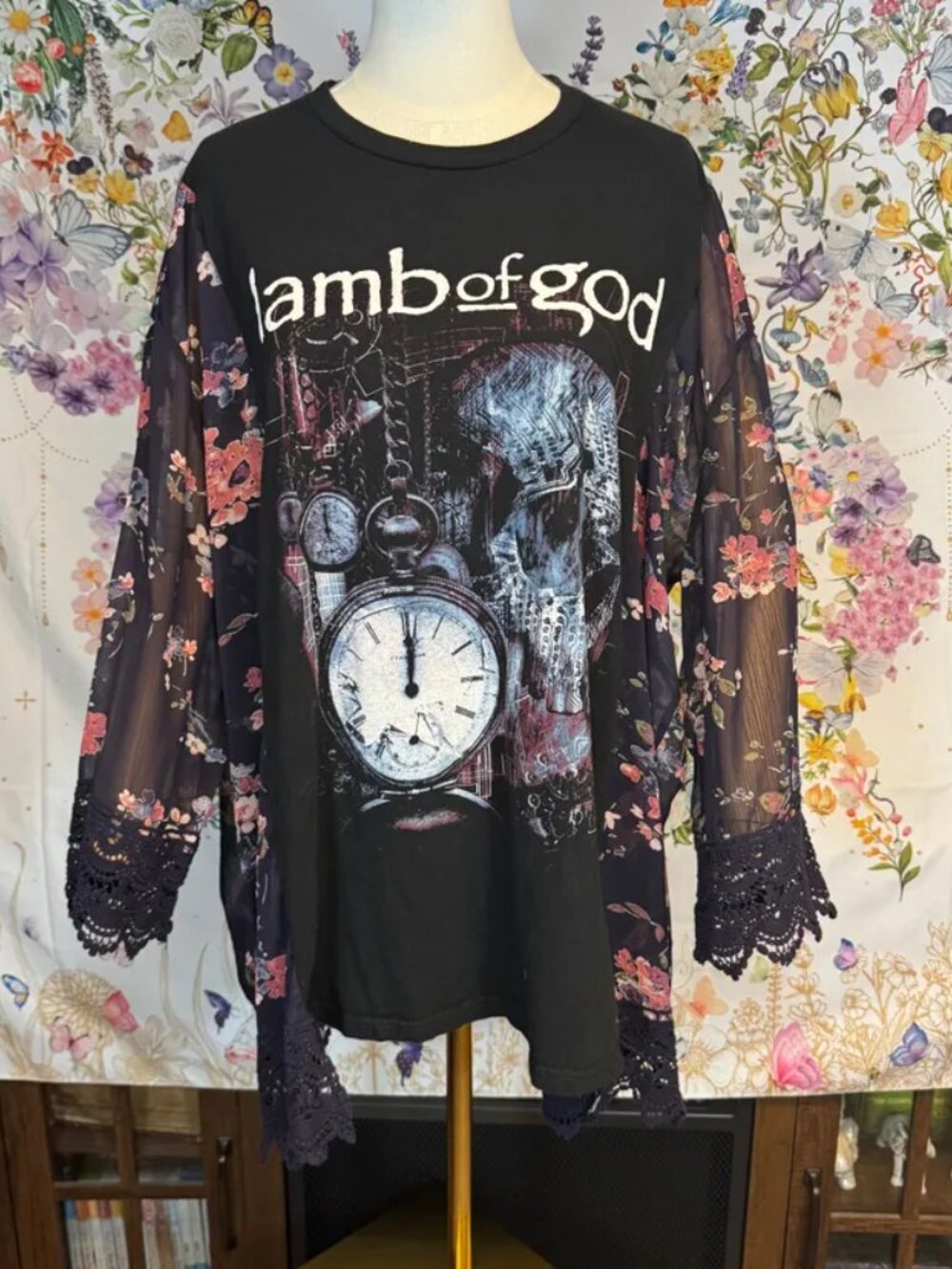 Lamb of God Upcycled Graphic T-Shirt with Flowy Floral Printed Sleeves - OSFM